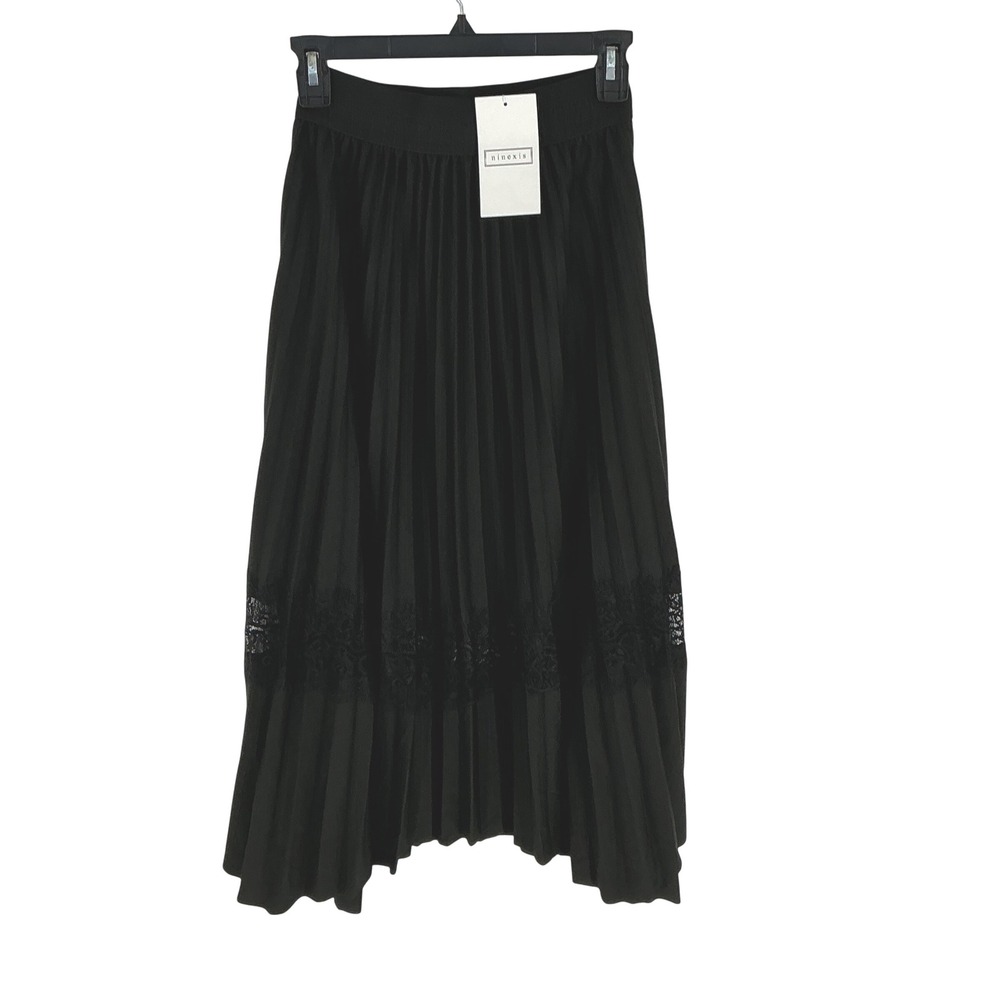NWT Ninexis Black Pleated Midi Skirt Lace Trim Elastic Waist Women One Size‎ Y2K